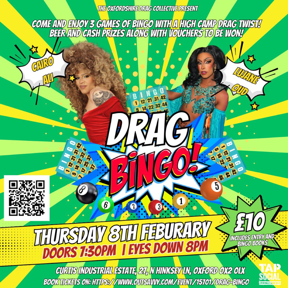 DRAG BINGO IS COMING TO OXFORD! 🌈 Join the fun at Tap Social Botley on 8th February! 🎉

With the dazzling Lujane Oud, and the hilarious Cairo Ali👑

Grab your tix at the link below 🎟️✨ #Oxford #OxfordLgbt #Drag #LocalDrag #Oxfordshire #LGBTQ #Bingo

outsavvy.com/event/15701/dr…