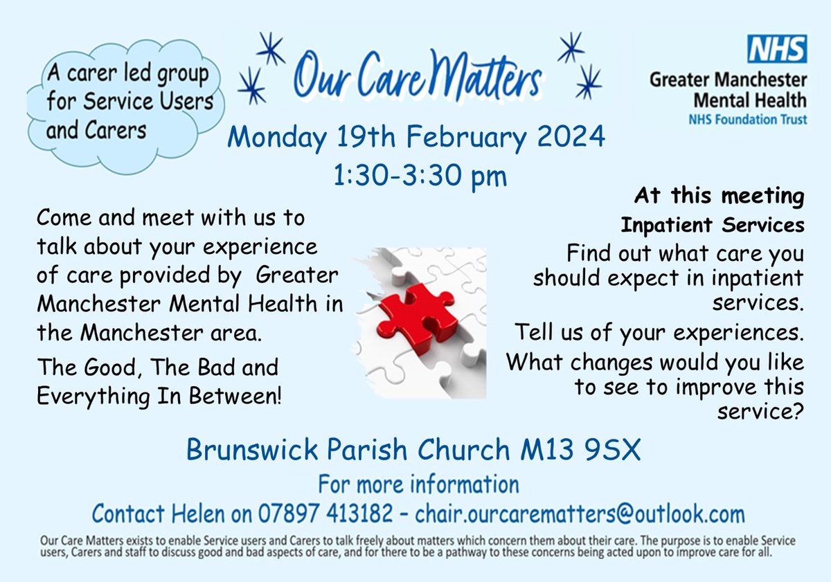 The next Our Care Matters session is your chance to discuss mental health inpatient services and to hear more about the development of North View. Share your ideas with us at Brunswick Parish Church (M13 9SX) on Monday February 19th from 1:30 - 3:30pm 💭