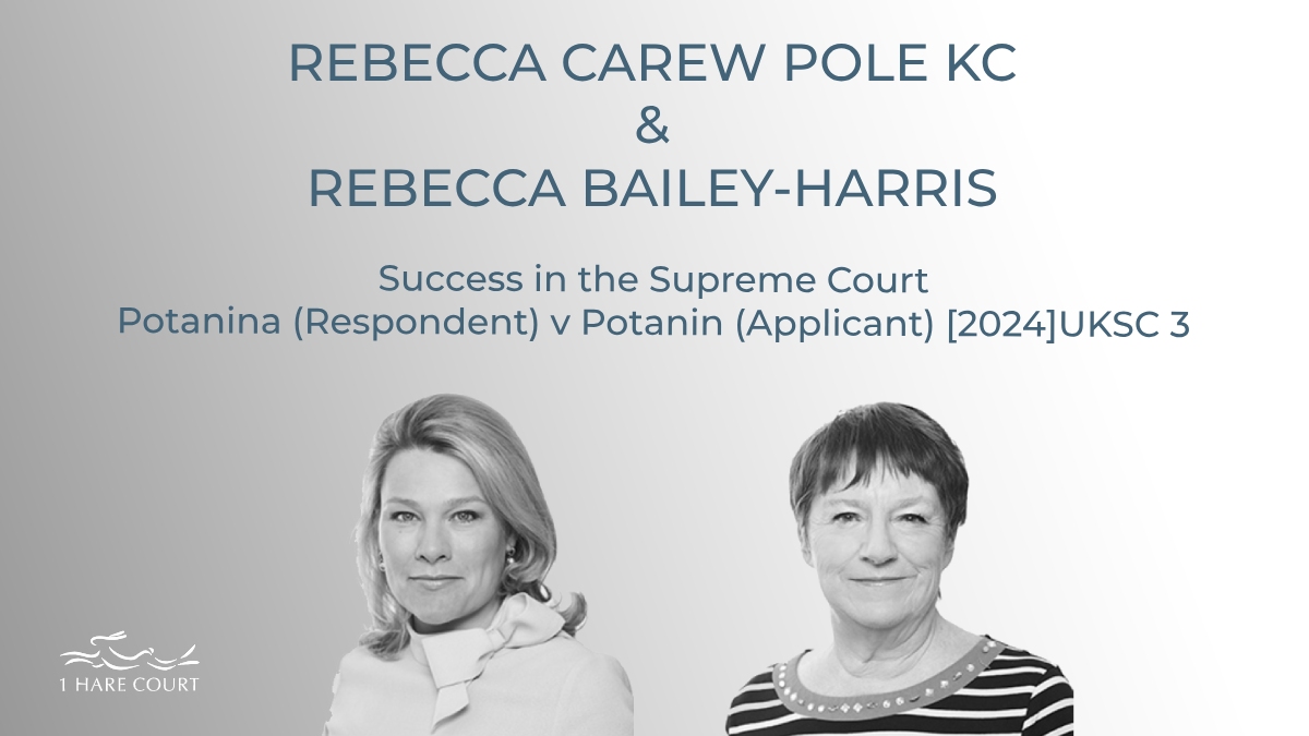 Congratulations to Rebecca Carew Pole KC and Rebecca Bailey-Harris on their success in the <a href="/UKSupremeCourt/">UK Supreme Court</a> in the case of Potanina (Respondent) v Potanin (Appellant) [2024] UKSC 3. Judgment handed down today.

supremecourt.uk/cases/docs/uks…