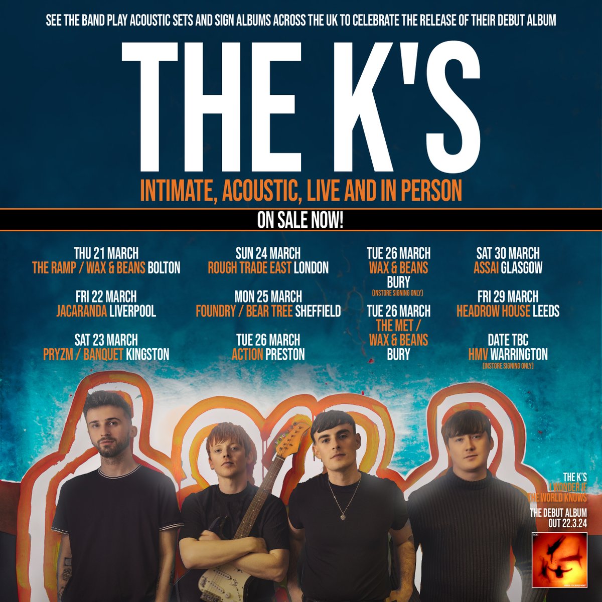ON SALE NOW!

Tickets are now on sale for our one off run of intimate stripped back full band shows to celebrate the release of our debut album “I Wonder If The World Knows?” 🧡

Tickets available 👇

theks.t.os.fan/theks

Times and details on store links - SYDTF 🫶