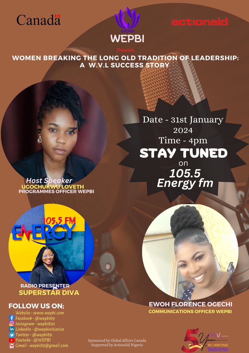 Join us today at 4 PM for a groundbreaking live radio program that celebrates the triumph of women breaking the age-old tradition of leadership. 
<a href="/CanHCNigeria/">Canada in Nigeria</a> <a href="/ActionAidNG/">ActionAid Nigeria</a> <a href="/Energy1055Fm_/">Energy 105.5 Fm Enugu</a> 
#NigeriaWomenMatter
#CandevNG
#CanadaInNigeria 
#wvl 
#shestories