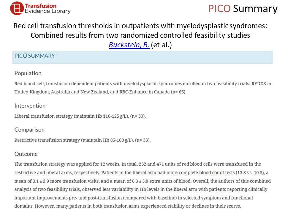 New from #Transfusion Evidence Library:

Red cell transfusion thresholds in outpatients with myelodysplastic syndromes: Combined results from two randomized controlled feasibility studies
by Buckstein et al.
transfusionevidencelibrary.com/alerts/article…