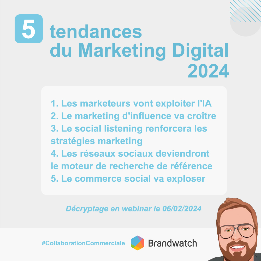 camillejourdain's tweet photo. Nous nous focaliserons sur ces 5 tendances :
1. Les marketeurs vont exploiter l'IA
2. Le marketing d'influence va croître
3. Le social listening renforcera les stratégies  
4. Les réseaux sociaux deviendront le moteur de recherche de référence
5. Le commerce social va exploser https://t.co/0MGs7gRoK1
