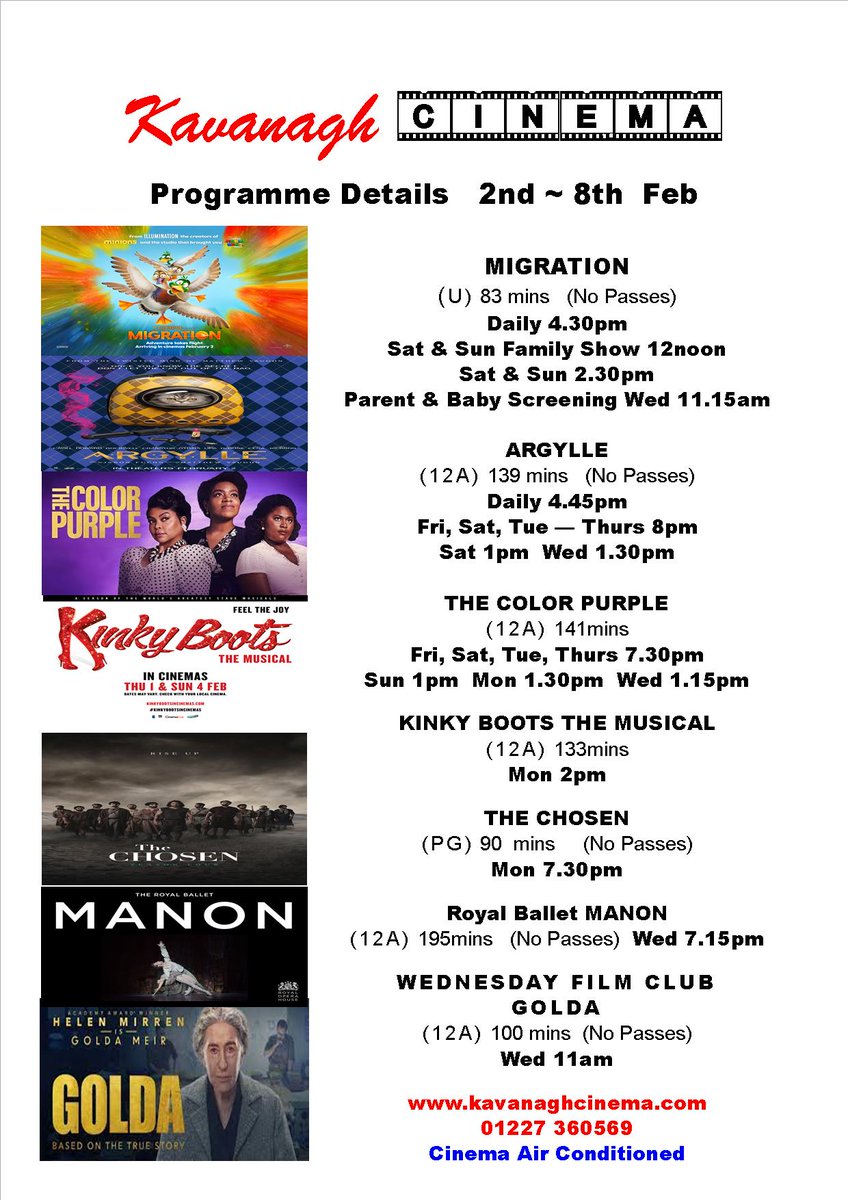 KavanaghCinema's tweet photo. This weeks programme at your local cinema.
Films presented in 7.1 Surround sound
https://t.co/dulcXZhVqM #buyinthebayhb #ArgylleMovie #Migrationmovie #colorpurple #kinkyboots #rohmanon #golda #TheChosenOne https://t.co/WCtWxVRfc0