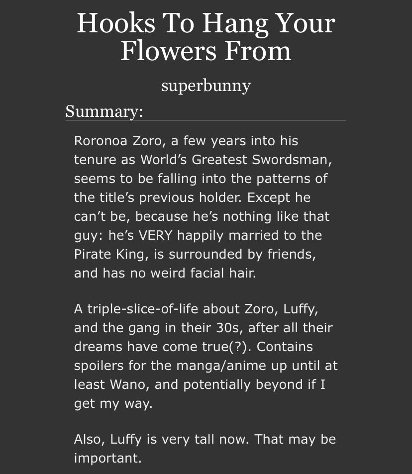 My first multi chapter #zolu fic has begun… and of course because it’s me, it’s Luffy and Zoro in their thirties doing married couple things, and also… emotions. Oh and Luffy is huge now. archiveofourown.org/works/53423890…