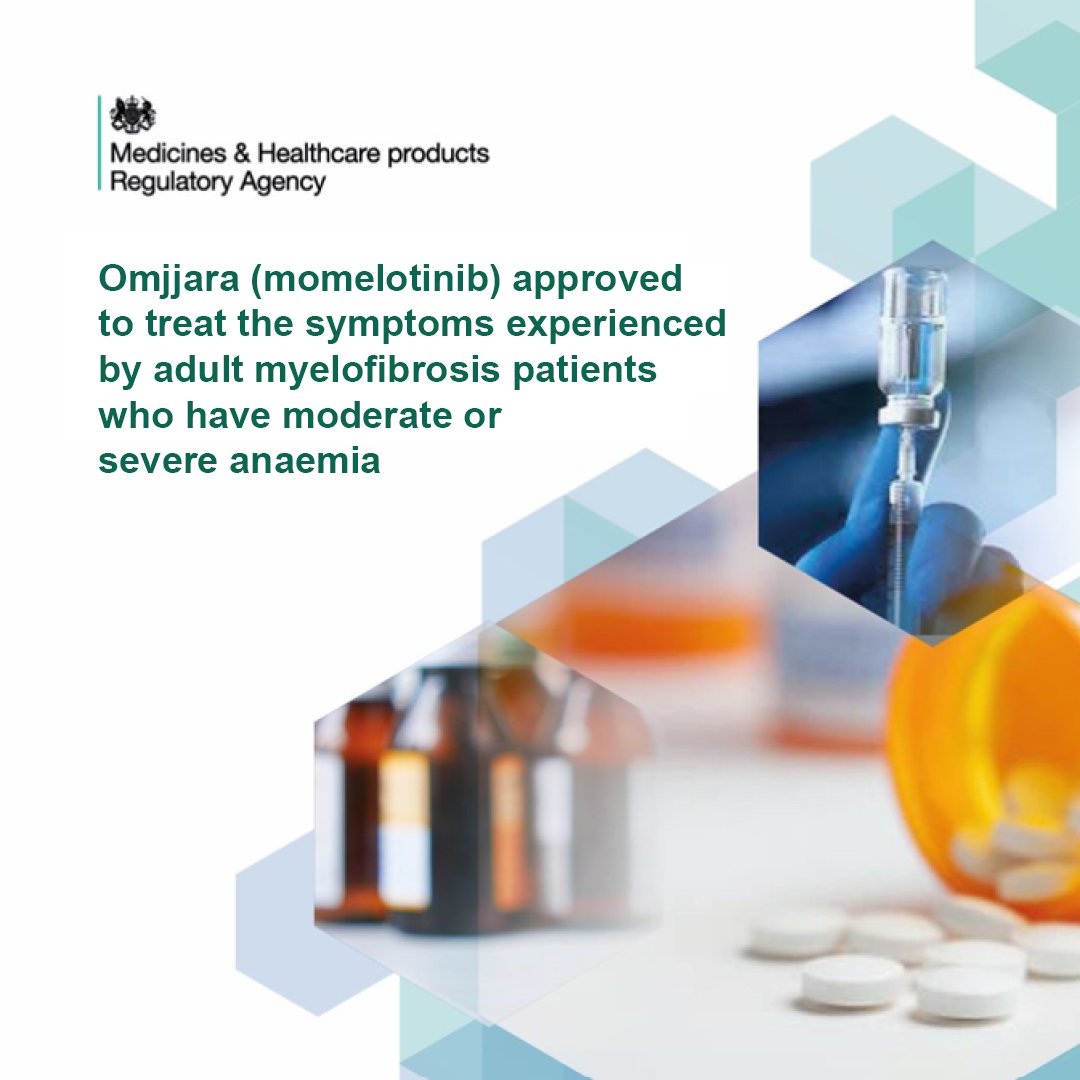 📢 We've approved the medicine Omjjara (momelotinib) to treat the symptoms experienced by adult myelofibrosis patients who have moderate or severe anaemia   Find out more 🔗 bit.ly/42j9iMq