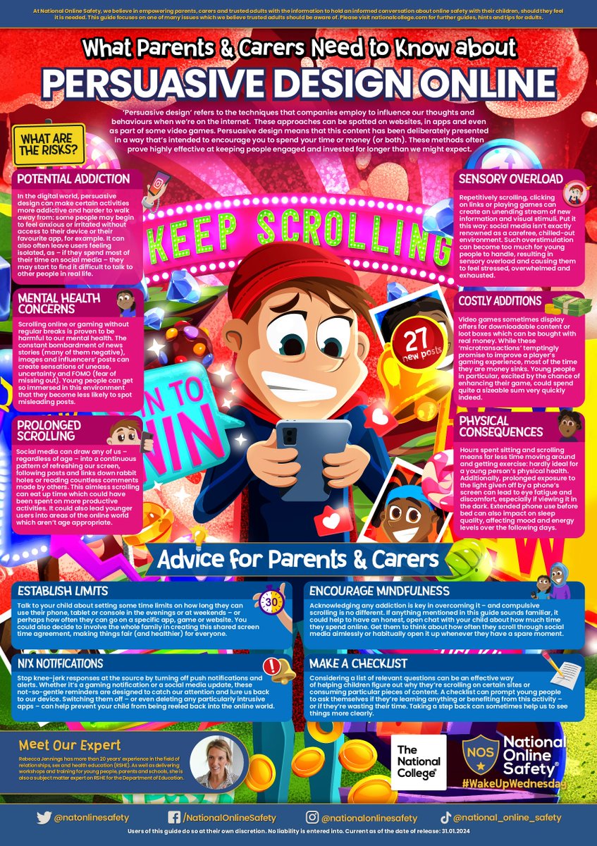#SaferInternetDay is nearly here! 🌐🛡️ Reflecting the “managing influence” strand of this year’s theme, our #WakeUpWednesday guide unpacks ‘persuasive design’ – and uncovers some common but often hidden #OnlineSafety risks to young people 👀

Download &gt;&gt; bit.ly/3HEhihl
