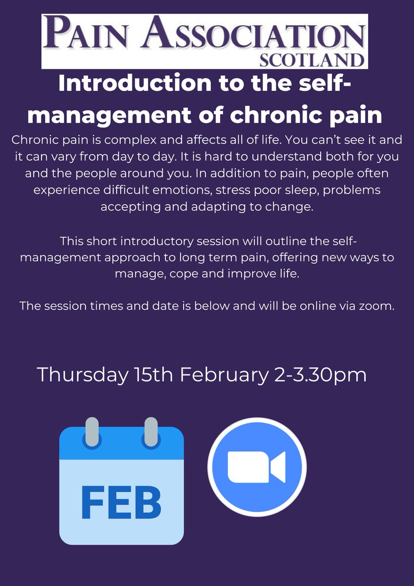 Our next Introduction to the Self-Management of Chronic Pain session is in February. The session is open Scotland wide and is via Zoom. Details 👇 Sign up 🔗 bit.ly/423xxOs @NHSOrkney @DGNHS @NHSForthValley @NHS_Lothian @NHSaaa @NHSLanarkshire