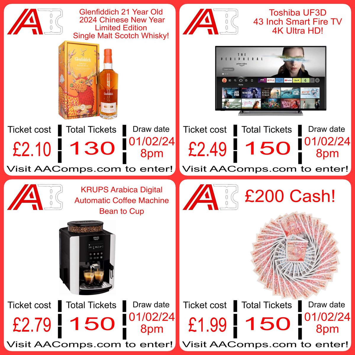 AA_Comps's tweet photo. 🚨 Tomorrow is our last draw day for a while! 🚨 

Due to moving, we are going to be taking some time away from the competitions ...

We've got some great prizes up for grabs though! 

Check them out at https://t.co/L2FzXyz11n and get your tickets today! 🍀 https://t.co/pxgSjR0wQD