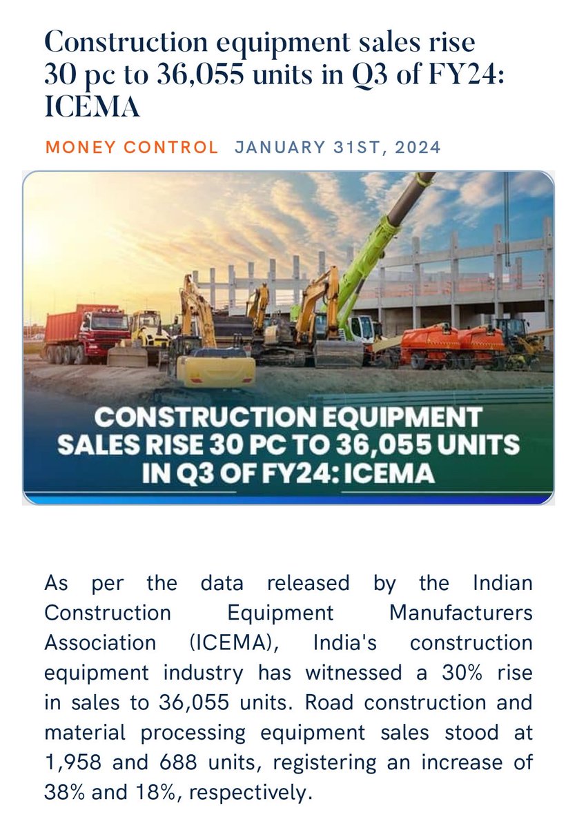 guru____03's tweet photo. Construction equipment sales rise 30 pc to 36,055 units in Q3 of FY24: ICEMA
https://t.co/LmB9GDrUeJ via NaMo App https://t.co/2ZJFrrGChX