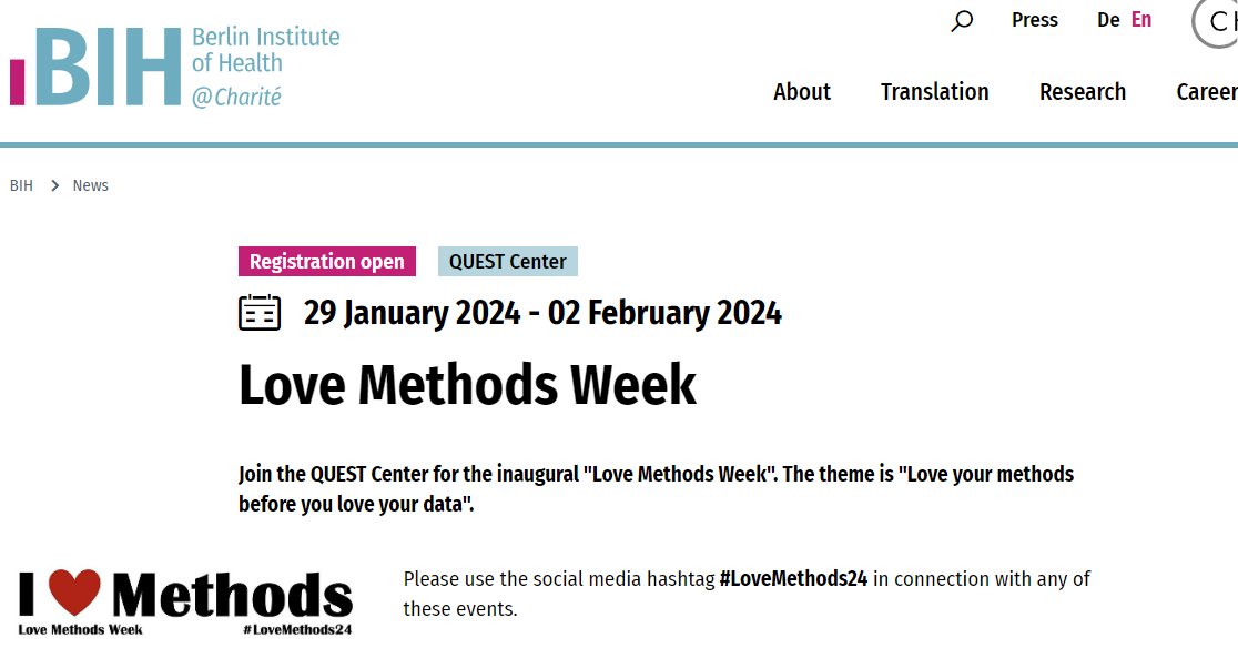 'Love your methods before you love your data' is the theme of the 'Love Methods Week' organized by the @questbih #LoveMethods2024 Check out tomorrow's webinar on: Preregistration: A Plan, Not a Prison (i.mtr.cool/utyskpgfce) More at: i.mtr.cool/capekcimcq