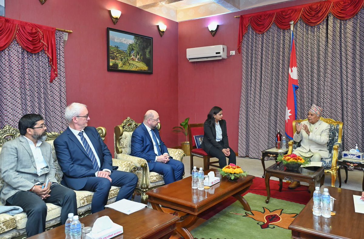 OOP_Nepal's tweet photo. Right Honourable President Mr. Ramchandra Paudel received a courtesy call from H.E. Dr. Martin Schulz, President of Friederich Ebert Stiftung, at his office today. https://t.co/RVNrNoXfOz
