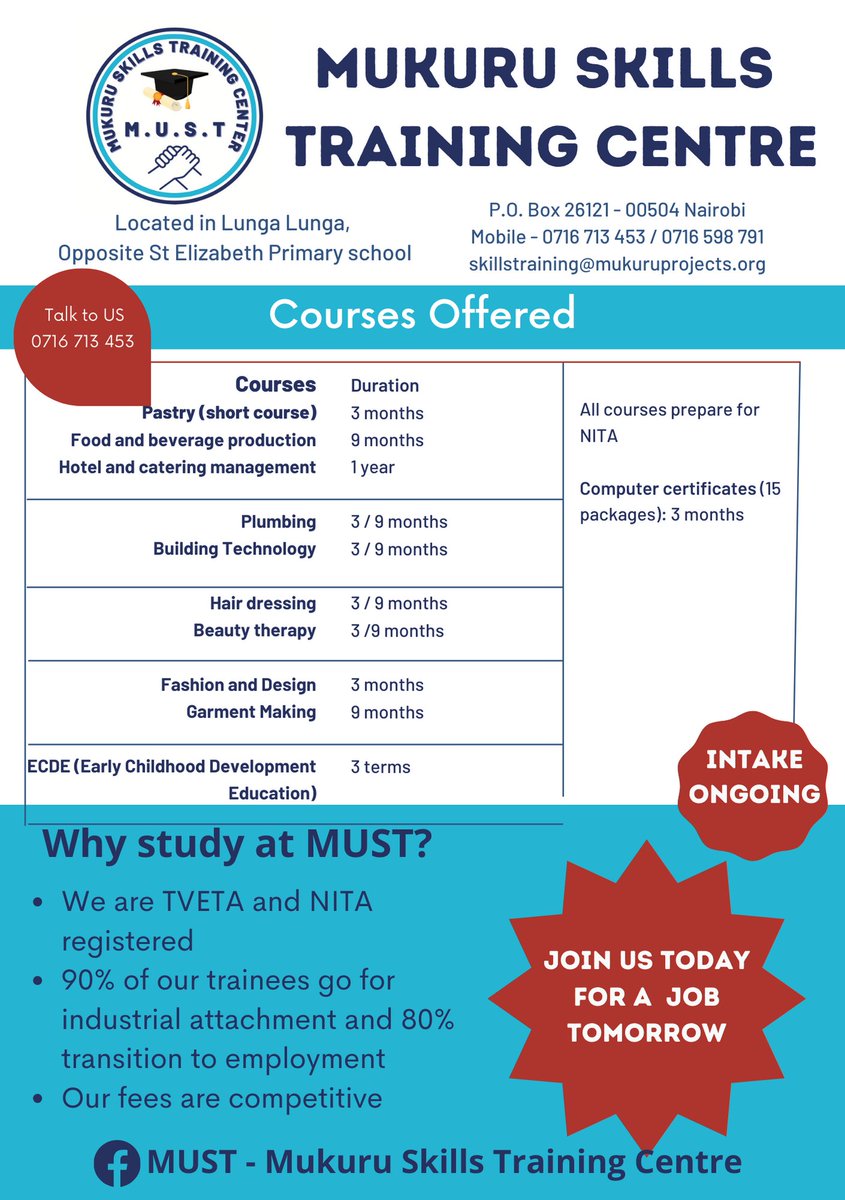 msdp254's tweet image. 🎓Contact us on 0716 713 453 or 0716 598 791🍪 Intake ongoing.
Mukuru Skills Training Centre is a project of @msdp254
#msdp #VocationalExcellence #CulinaryArts #EnrollNow 🌍🔥

Nyayo House