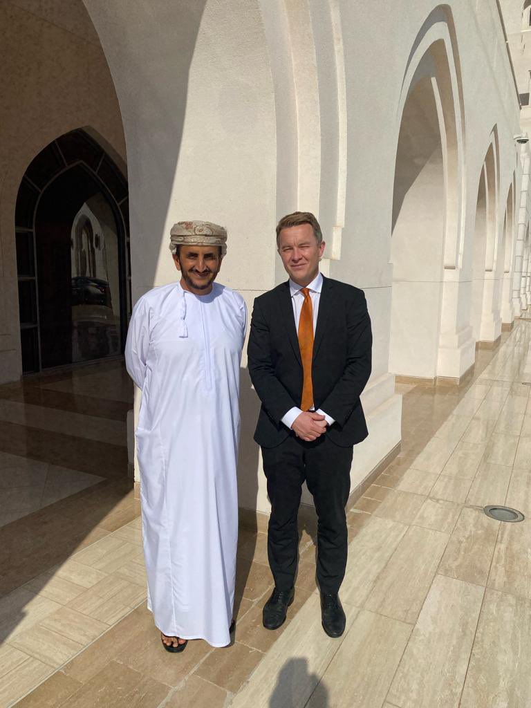 NorwayAmbKSA's tweet photo. A pleasure to be back in the Sultanate of Oman for political consultations, confirming the very good relations btw 🇴🇲&amp;🇳🇴. Rewarding conversations on peace &amp; security, business &amp; trade and other issues of common interest. @FMofOman @NorwayMFA @akravik79 https://t.co/T6wnpOh2ke