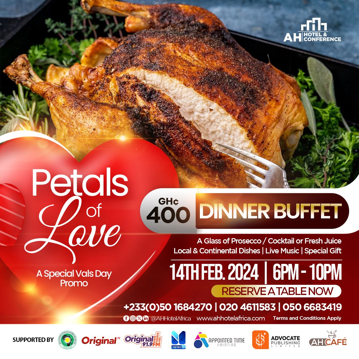 Kem45813880's tweet photo. Celebrate Valentine's Day at our Petals of Love Dinner Buffet! 

Reserve your table now at +233(0)50 1684270, 020 4611583, or 050 6683419. 

#ValentinesDay #PetalsOfLove #AHCelebrates #DinnerBuffet #AfrocentricHospitality #AHHotel @follower https://t.co/BwlTNnwIAa