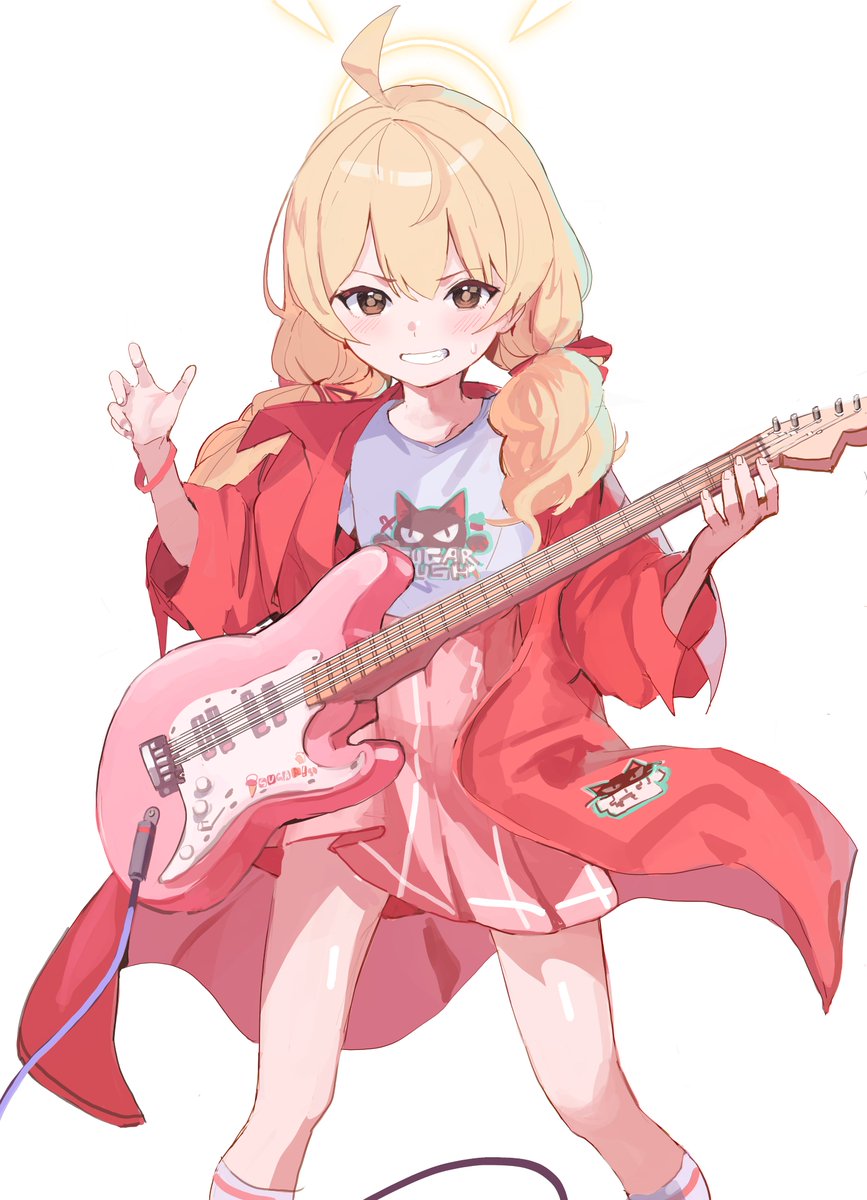 1girl solo halo instrument twintails guitar blonde hair  illustration images