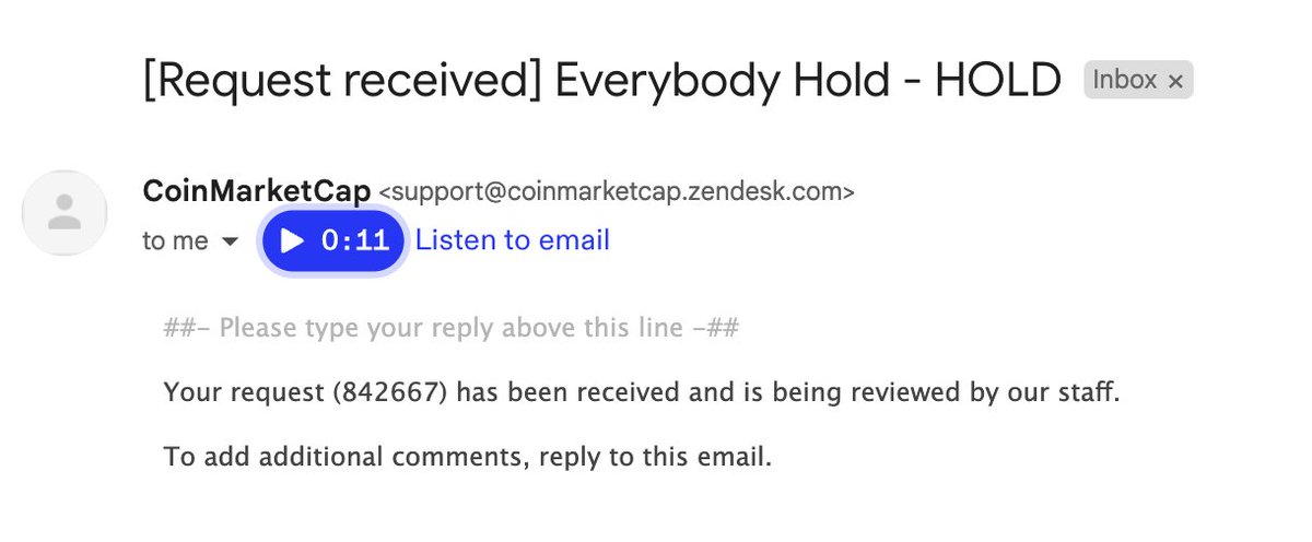 EverybodyHolds_'s tweet photo. Hey Coinmarketcap, we have filled our request form for a listing.  
Request number :  842667 https://t.co/yzdFuOdOpv