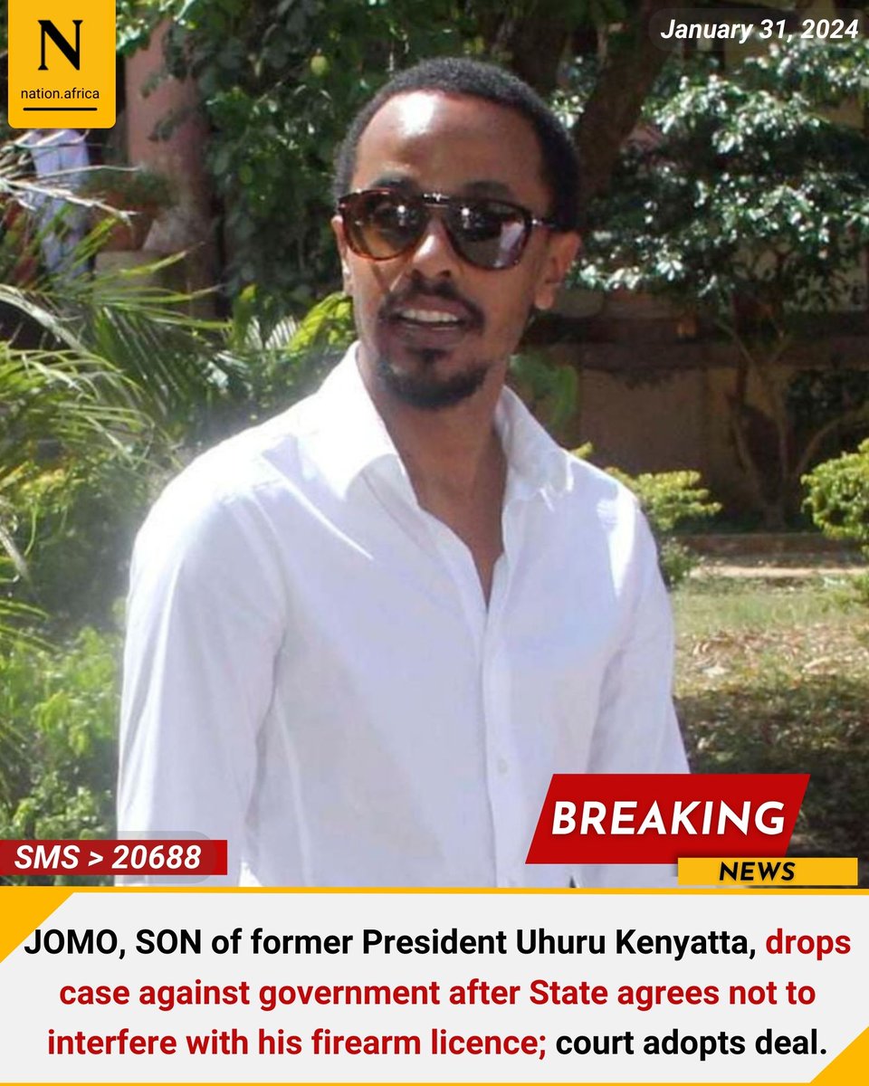 JOMO, SON of former President Uhuru Kenyatta, drops case against government after State agrees not to interfere with his firearm licence; court adopts deal. nation.africa/kenya/news/uhu…