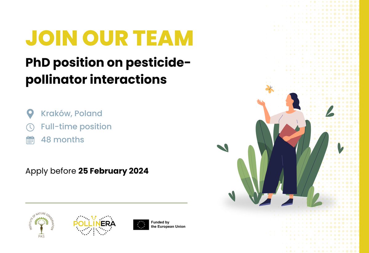pollinERA_eu's tweet photo. 📢 Open #PhDposition on pesticide-pollinator interactions 🐝

Our project partner @INCPoland (INC-PAS) seeks а highly motivated &amp; creative candidate to join the PollinERA team in Krakow, Poland 🇵🇱

Interested? Learn more &amp; apply here 👉 https://t.co/CCoqHtW1SU https://t.co/tjBezMkBDP