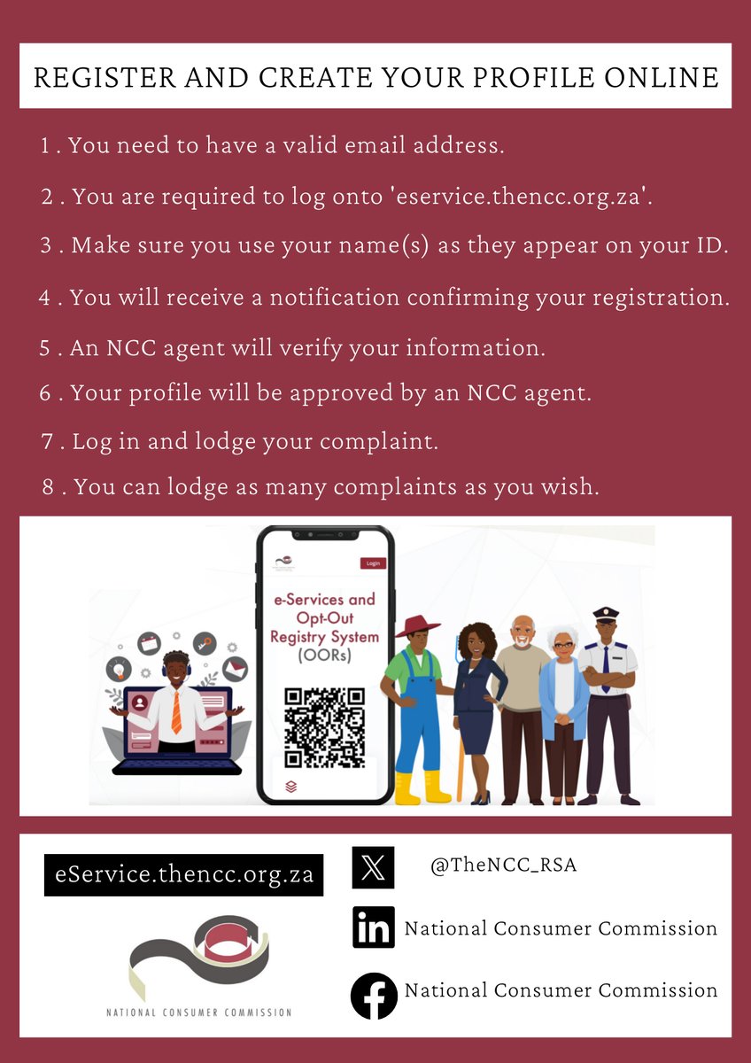 TheNCC_RSA's tweet image. A quick reminder to register and create a profile so you can lodge your complaints.

@PhethoN @Margemonic @The_RealHillz 

#eService
#NCC
#ConsumerRights
#BafanaBafana