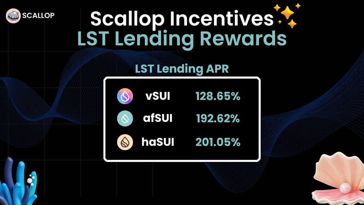 🌊LIQUID STAKING INCENTIVE🌊

✨Earn attractive APR when you supply afSUI, haSUI and vSUI into Scallop lending pools!

💧vSUI APR: 128.65%
💧afSUI APR: 192.62%
💧haSUI APR: 201.05%

Start earning with Scallop👉app.scallop.io