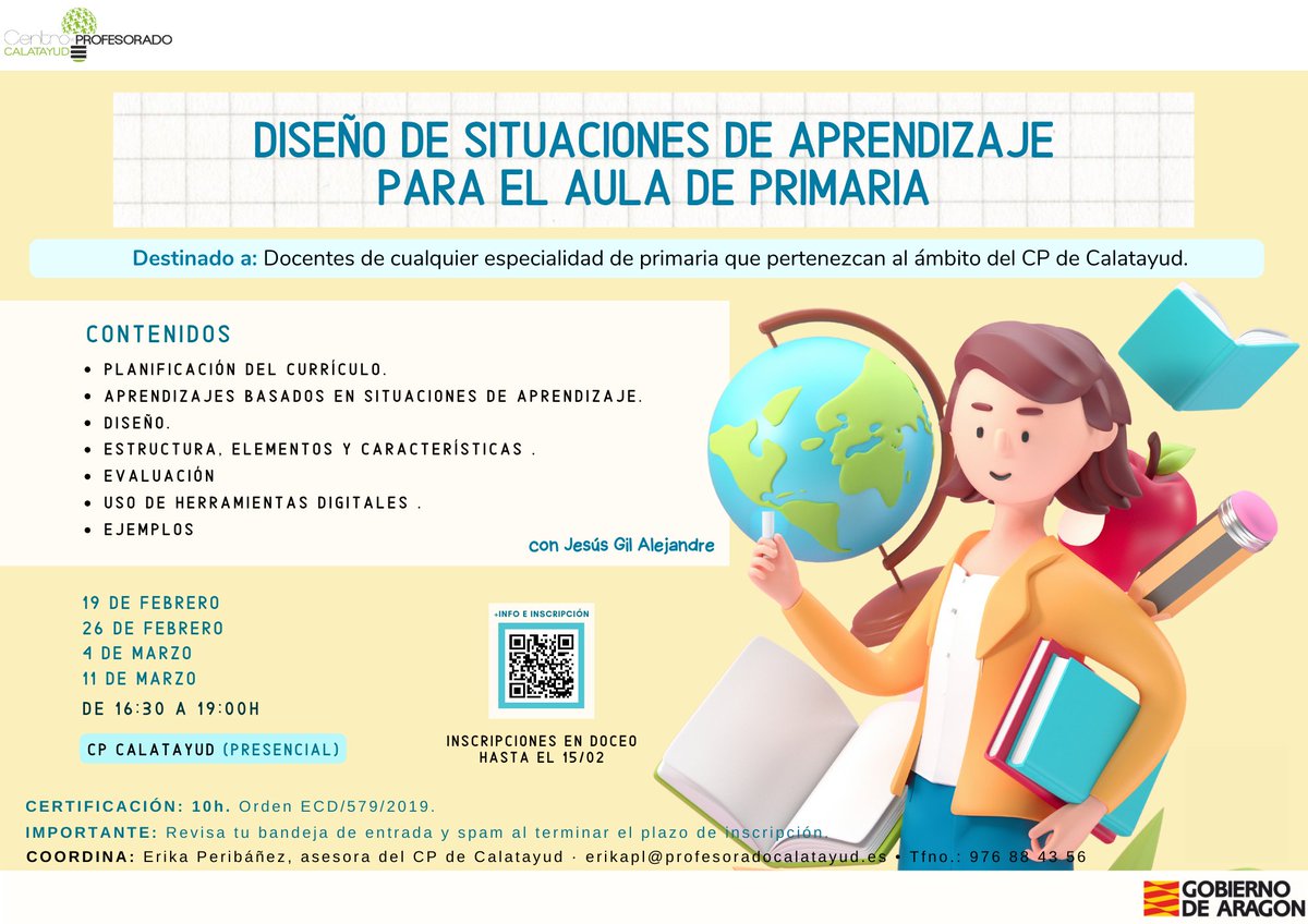 📢Curso “Diseño de situaciones de aprendizaje para el aula de primaria”
👩‍🏫Docentes de cualquier especialidad de primaria que pertenezcan al ámbito del CP de Calatayud.
📆19/02, 26/02, 04/03 y 11/03
🕟16:30 a 19:00h
📌Presencial en el CP Calatayud
✍En DOCEO hasta el 15/02