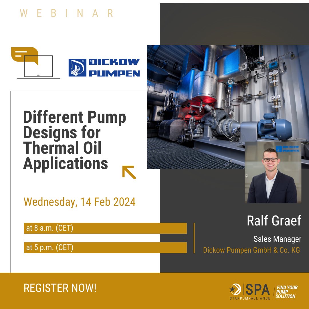 star_pump_SPA's tweet photo. 💻Webinar by DICKOW Pumpen: Exploring Different Pump Designs for Thermal Oil Applications

📅Date: 14. February 2024
Time: 08:00 (CET)
https://t.co/vUXLidBsia

Time: 17:00 (CET)
https://t.co/57kXiKxJuz

#StarPumpAlliance #ThermalOil #Webinar #IndustrialPumps #DickowPumpen https://t.co/BSdTbrhpbN
