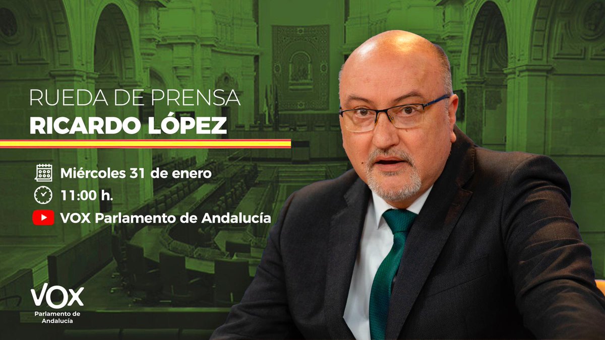 AndaluciaVox's tweet photo. 🎙️ No te pierdas la rueda de prensa de @RicardoOleaVOX, portavoz adjunto de @AndaluciaVOX en el Parlamento de Andalucía.      

⏰ A partir de las 11:00 horas.    

📺 Podrás verla en directo a través del siguiente enlace de nuestro canal de YouTube: https://t.co/zcAaHAIgJM https://t.co/5aIjA0tHrr