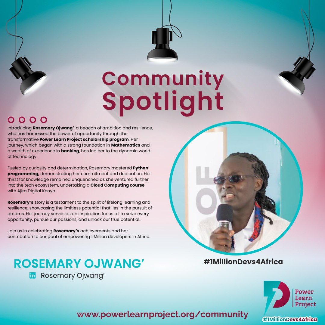 plpcommunity's tweet photo. On this week's #CommunitySpotlight, we're featuring Rosemary Ojwang, a @PLPAfrica #PowerAlumni from the #PLPClassOf2023!⚡

Rosemary is a perfect example of ambition and seizing every opportunity to grow. 🚀 https://t.co/gM3C8kRSSI