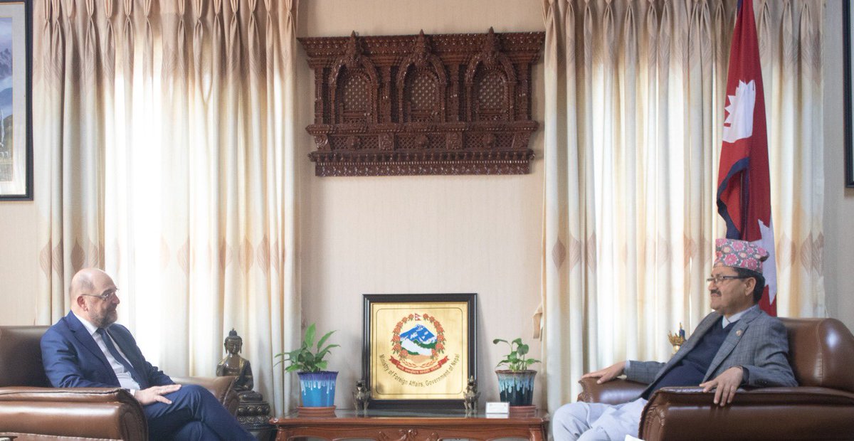 MofaNepal's tweet photo. The Hon. Foreign Minister @NPSaudnc received Dr. Martin Schulz, President of Friedrich-Ebert-Stiftung of Germany at his office today. Matters of mutual interest were discussed in the meeting.
@sewa_lamsal 
@amritrai555 https://t.co/bunLxoC8zu