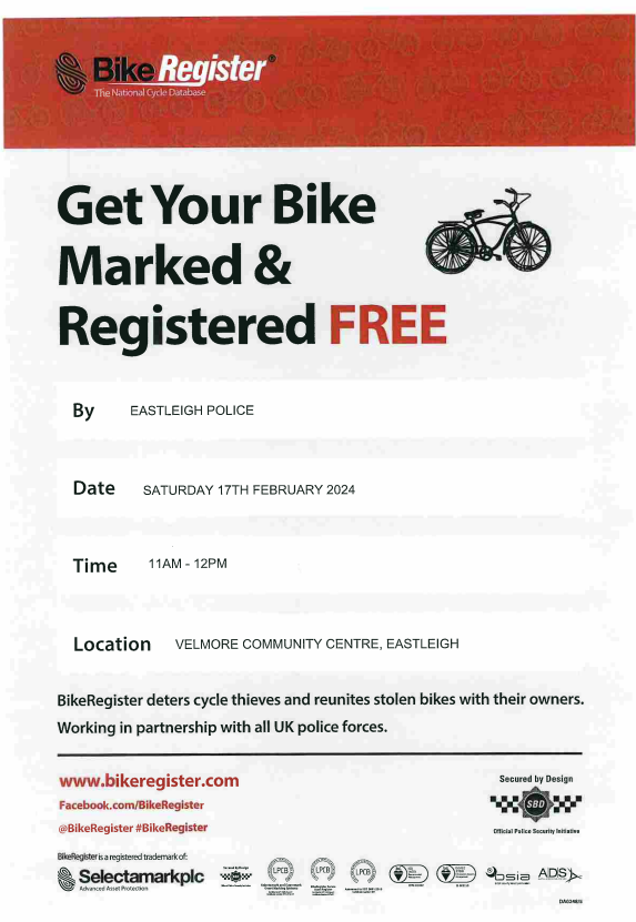 Jan_Waterman1's tweet photo. FREE bike marking and registering at Velmore Community Centre Sat 17th Feb.  Keep your bike safe and less appealing to thieves! https://t.co/STw8HUhoe7