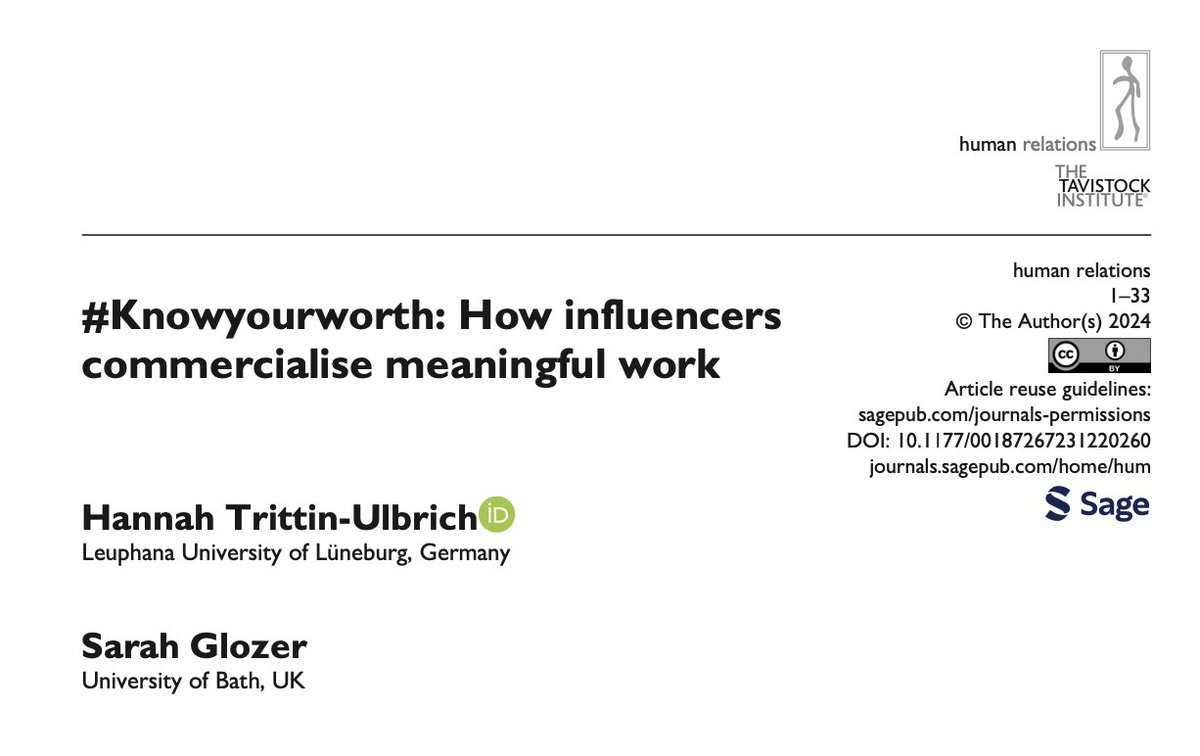 #Knowyourworth: How influencers commercialise meaningful work! This new research @HR_TIHR explores the question of whether #pay can #transcend #meaningful work and develops three narratives: authenticity, relationality and quantification doi.org/10.1177/001872… @T_I_H_R