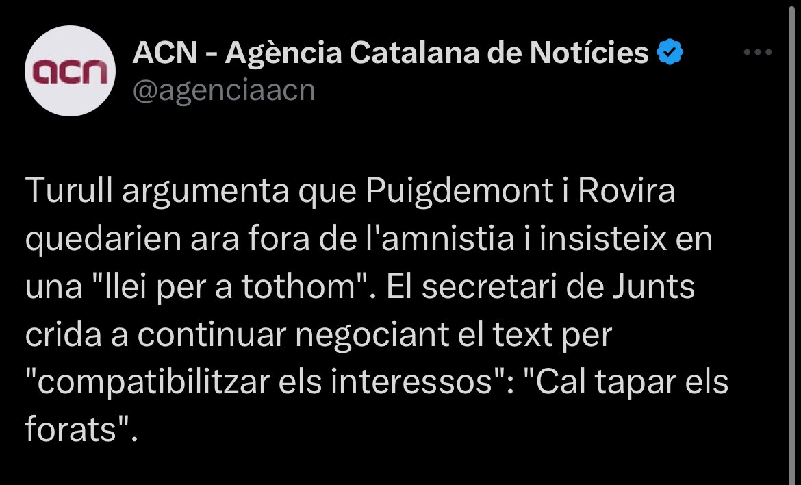 🔴 Al novembre <a href="/jorditurull/">Jordi Turull i Negre</a> deia que la llei d'amnistia complia totes les expectatives de Junts.

Per tant, com s'explica que abans si i ara no?

👉 Fet partidisme i jugadamestrisme impossibilita l'amnistia pels més de 4000 represaliats.
