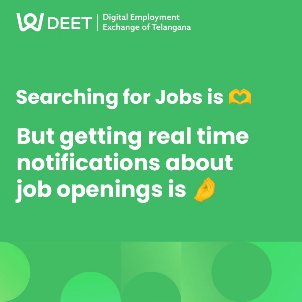 Unlock Your Career Potential with us! 
DEET ensures your professional journey seamlessly aligns with your aspirations . #CareerFit
Stay ahead of the game with DEET's real time job updates. #JobAlertsTelangana 

#TelanganaCareers  #jobsintelangana  #tsjobs #jobsints