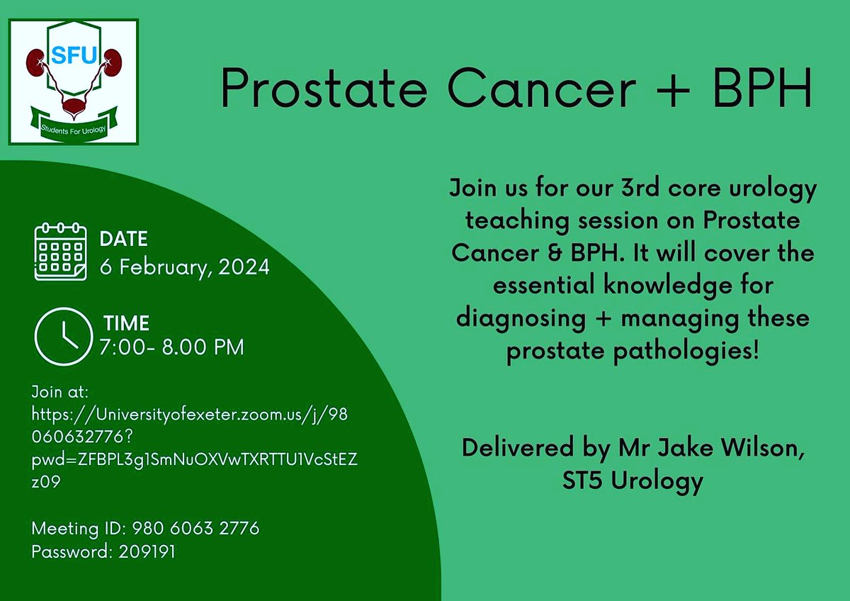 uk_SFU's tweet photo. Our next Core Urology Teaching session on Prostate cancer and Benign Prostatic Hyperplasia is being presented by Mr Jake Wilson. 
 
Join us on the zoom link below:
https://t.co/OLwfWvX5hl

Meeting ID: 980 6063 2776
Password: 209191

Look forward to see you all there 🤩 https://t.co/ACLV4dz6vp