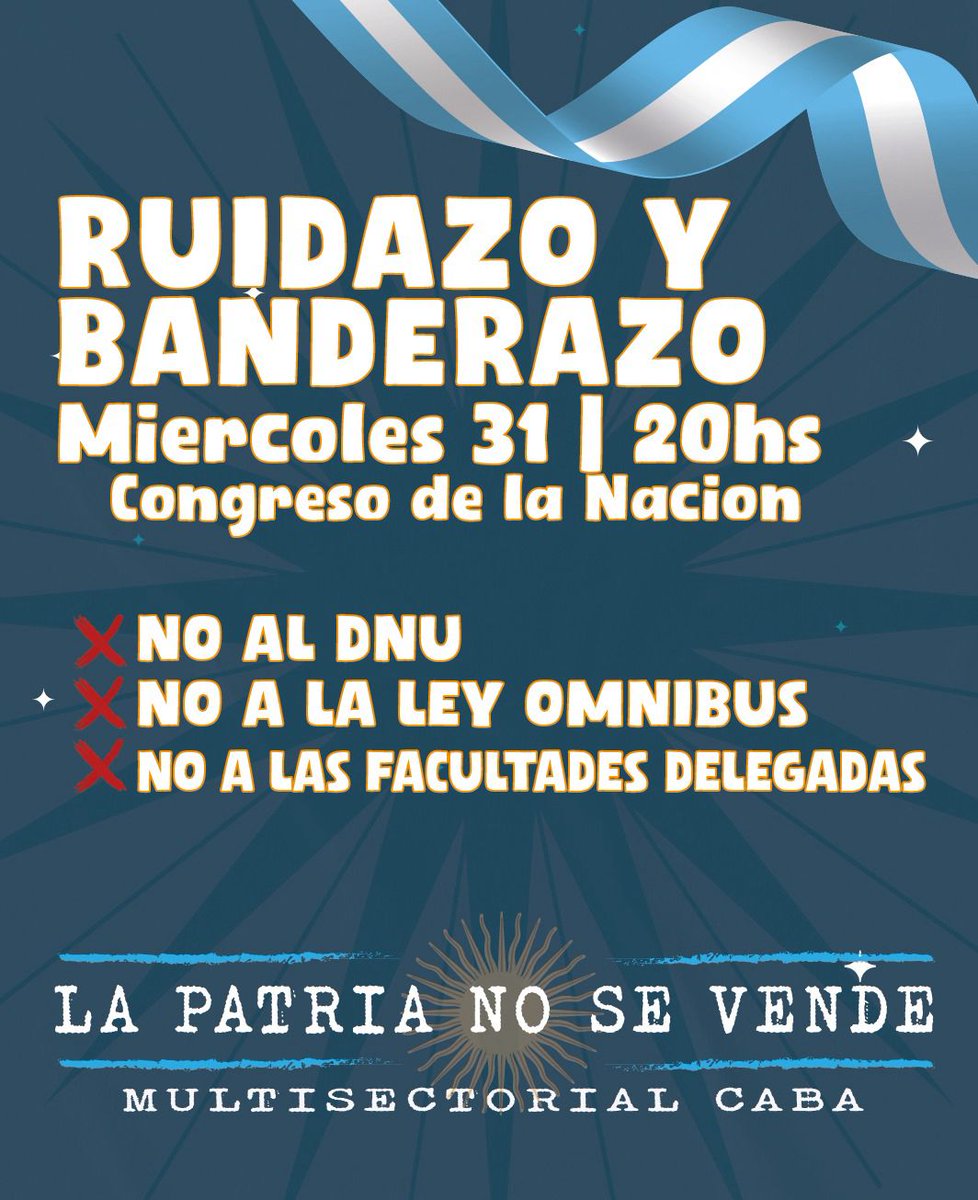 #LaPatriaNoSeVende 
El camino de la movilización le va a poner un freno al DNU, a la Ley Bases y al programa de ajuste de Milei, el FMI y las corporaciones.