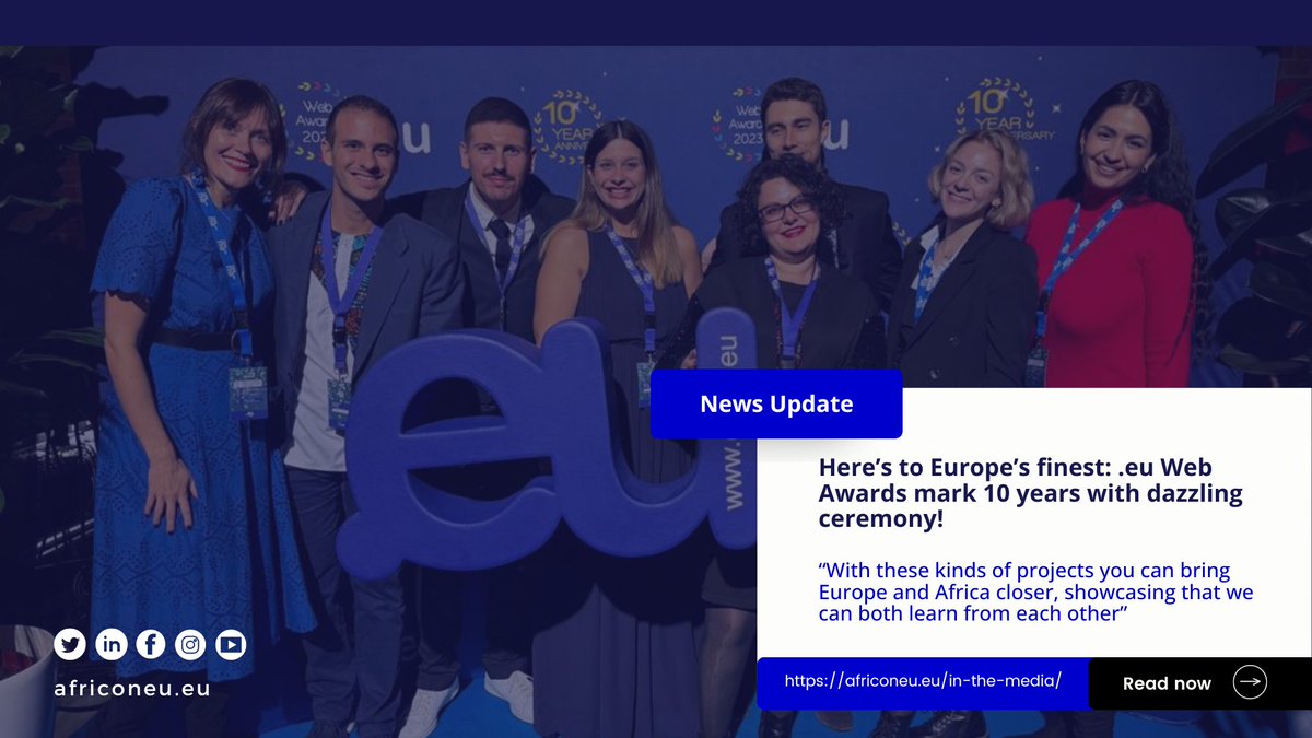 Cheers to a decade of excellence! Join AfriConEU as we take center stage at the 10th edition of the .eu Web Awards, celebrating Europe's finest websites. 🌐✨

Find out more 🔗 ecs.page.link/gxjFQ 

#AfriConEU 🦄🇪🇺 #HaDEA #DIH #H2020 #EUAfrica #AfricaEurope
