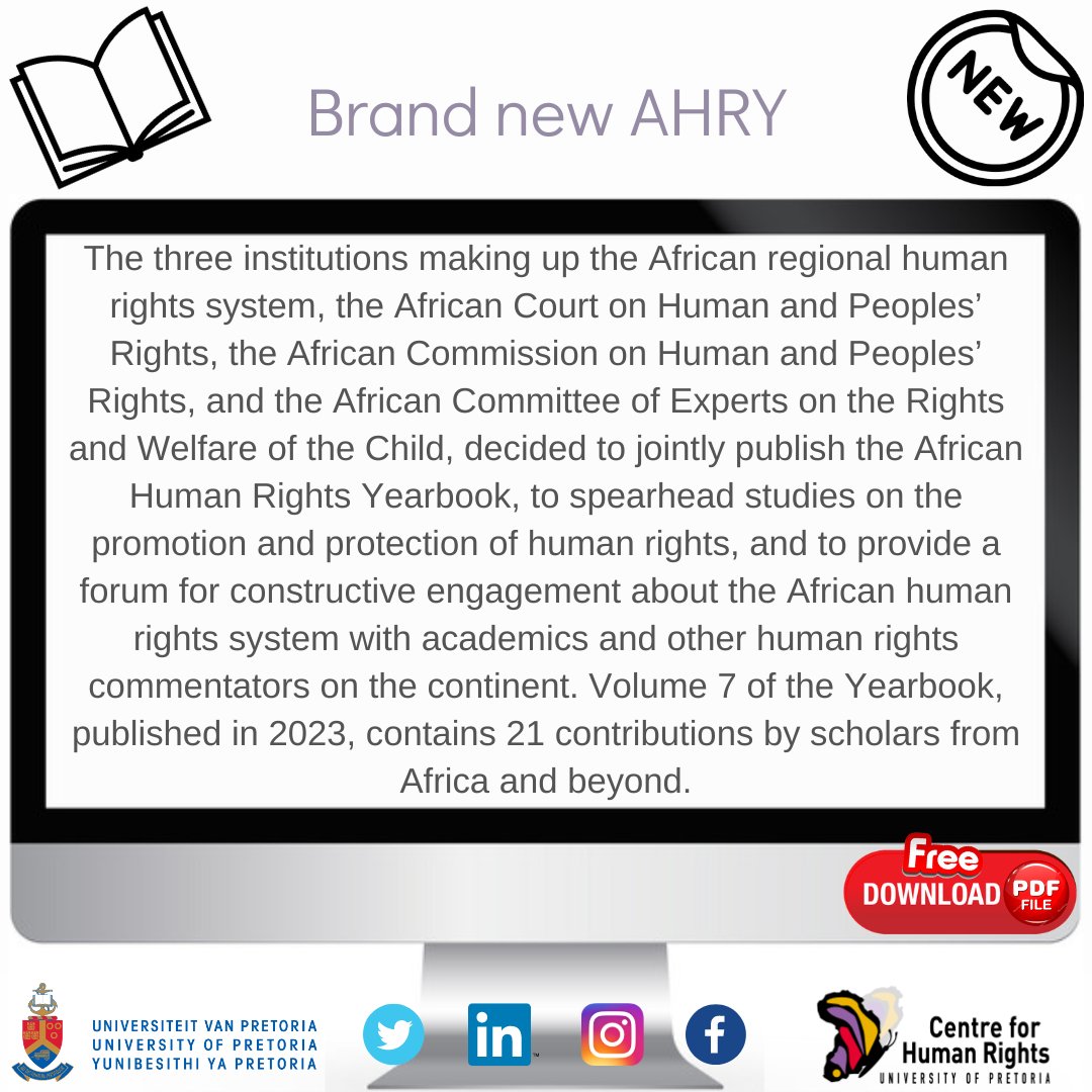 Brand new PULP publication! African Human Rights Yearbook / Annuaire africain des droits de l’homme 7 (2023) This is an #OpenAccess publication and you can download it here: pulp.up.ac.za/.../african-hu…... OR ahry.up.ac.za/ahry-issues/vo…