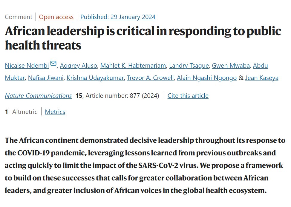African leadership is critical in responding to public health threats

A call for greater collaboration between African leaders &amp; inclusion of African voices in the global health ecosystem

<a href="/AfricaCDC/">Africa CDC</a> @JeanKaseya2 <a href="/aggrealuso/">Aggrey Aluso</a> <a href="/mahhlun/">Mahlet K. Habtemariam</a> <a href="/ltsague/">Landry Tsague, MD, MPH, PhD</a> <a href="/krishna_u/">Krishna Udayakumar</a>

nature.com/articles/s4146…