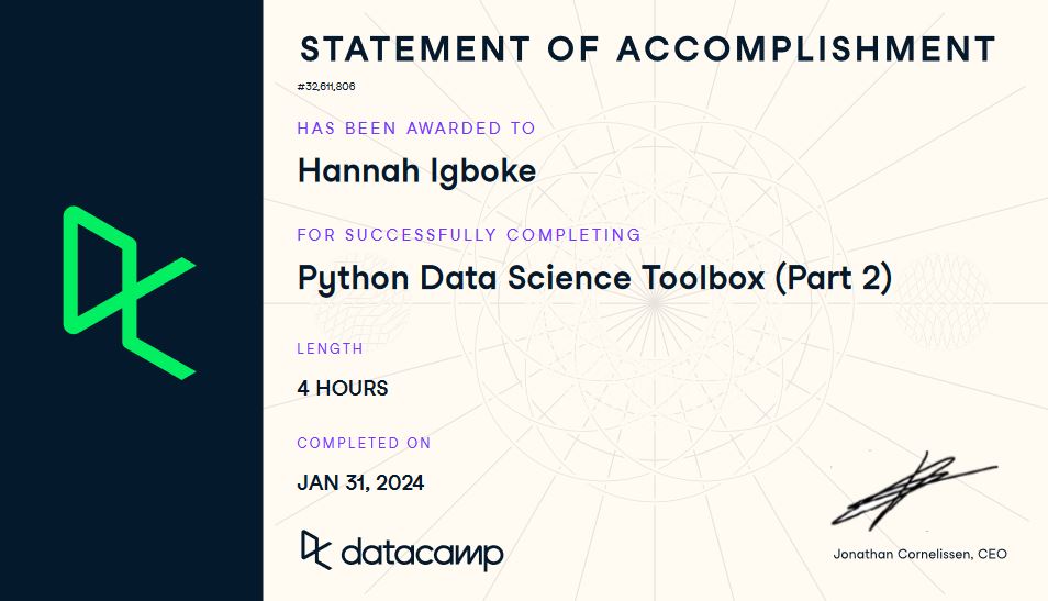 IgbokeHannah's tweet photo. Day 91✍
In this course, I practiced using iterators with dictionaries & to load large files into memory. I learned to use list comprehensions and generator expressions for loading data line by line,which is suitable for streaming data.
#Pythonista
#consistencyprojectwithWiDA https://t.co/Bl7nDdIlIK