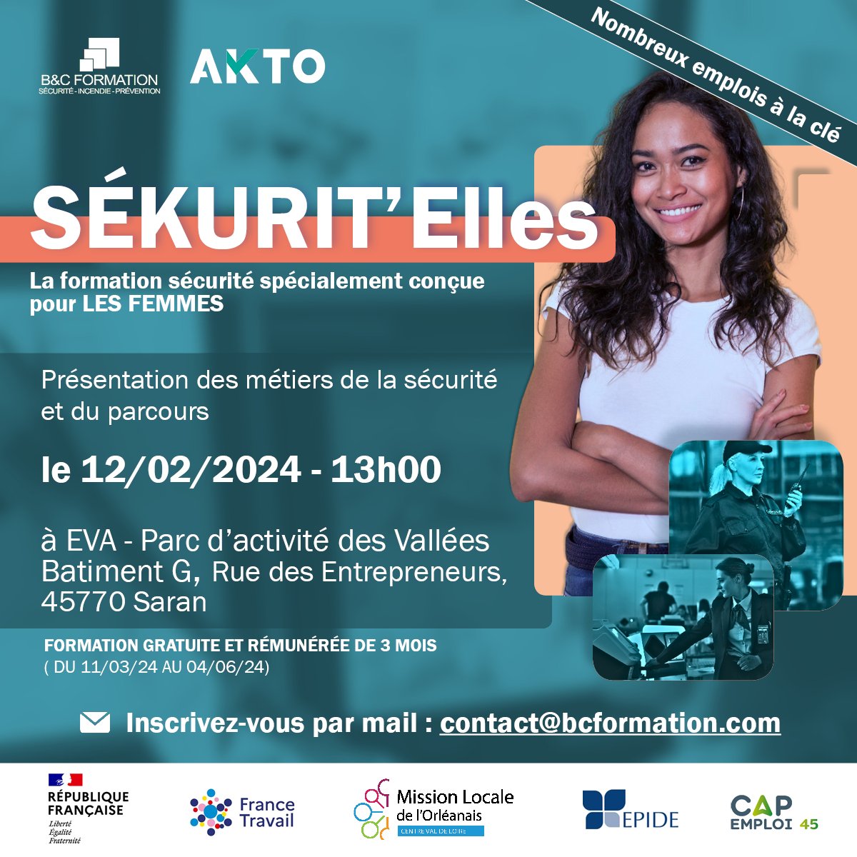 Le secteur de la #sécurité recrute !!! 
Intéressée ? Venez le 12/02 à EVA, on vous dit tout 📢 
Notamment sur 1 formation financée et rémunérée spécialement conçue pour les femmes !
Inscriptions : contact@bcformation.com
#AvecFranceTravail #formation #POEC #MétiersEnTension
