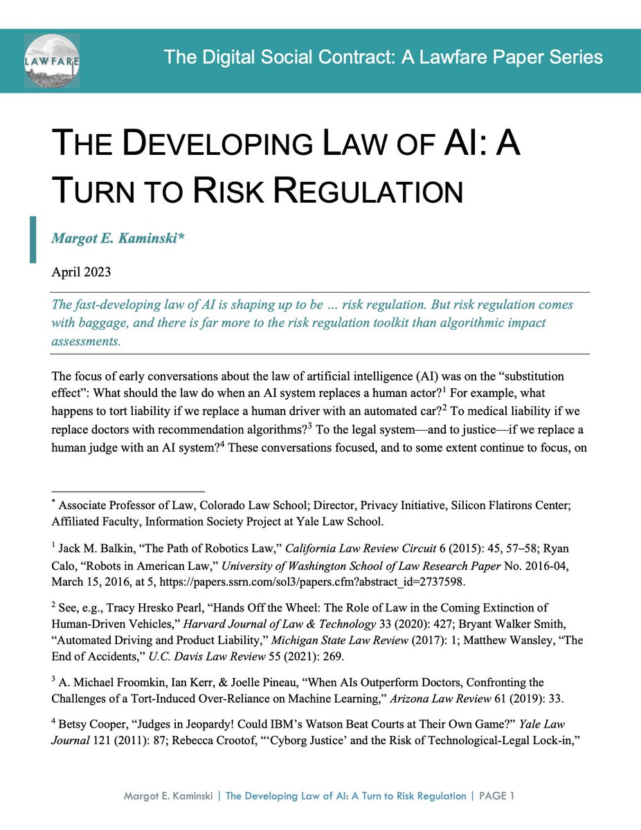 Luiza Jarovsky (@luizajarovsky) on Twitter photo 🚨 GROUNDBREAKING PAPER ALERT: check out "The Developing Law of AI: A Turn to Risk Regulation" by <a href="/MargotKaminski/">Margot Kaminski</a>, Professor at <a href="/ColoLaw/">Colorado Law</a>. Important quotes below:
"Risk regulation is regulation that aims to mitigate risks. It often is overseen and enforced by an expert agency 🚨 GROUNDBREAKING PAPER ALERT: check out "The Developing Law of AI: A Turn to Risk Regulation" by <a href="/MargotKaminski/">Margot Kaminski</a>, Professor at <a href="/ColoLaw/">Colorado Law</a>. Important quotes below:
"Risk regulation is regulation that aims to mitigate risks. It often is overseen and enforced by an expert agency