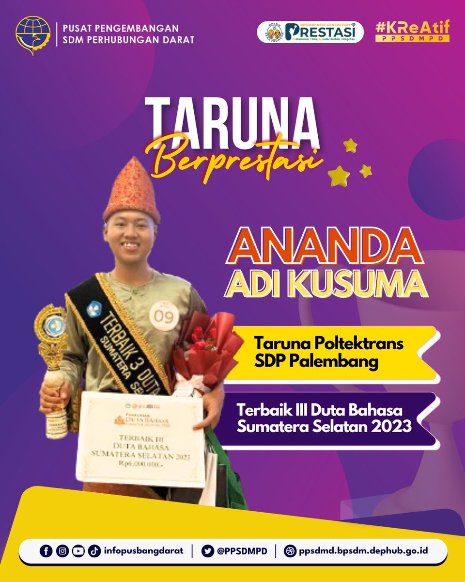 PPSDMPD's tweet photo. Taruna Matra Darat makin bikin jatuh hati #SobatPusbangdarat!

Kali ini ada Taruna Poltektrans SDP Palembang, Ananda Adi Kusuma, yang berhasil menyabet Predikat Duta Terbaik ke-3 pada kegiatan Pemikihan Duta Bahasa Sumatera Selatan 2023 beberapa waktu lalu lho 😍 https://t.co/zJBIbNP0qU