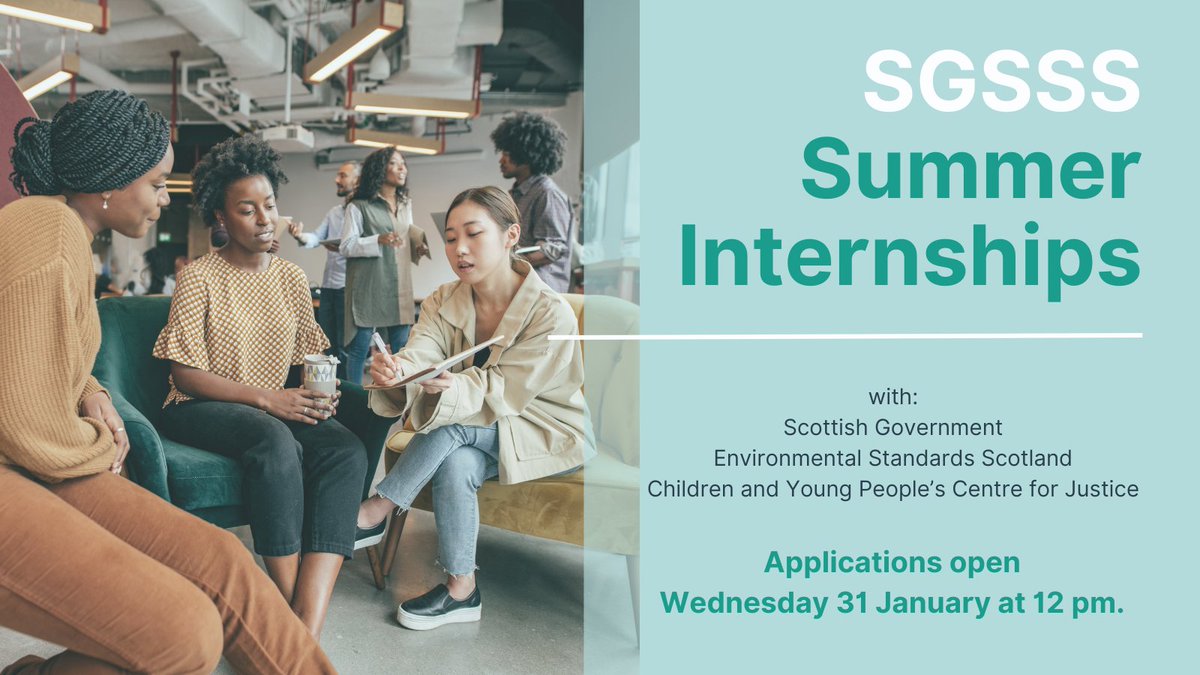 📢Applications for Summer Term internships are now live! Paid opportunities are available with @scotgov , @EnvStanScot , @CYCJScotland . Join our virtual Internships Q&A event, Feb 12th 2:30 pm-3:30 pm, for help with your application. 🔎Info here: sgsss.ac.uk/internships/cu…