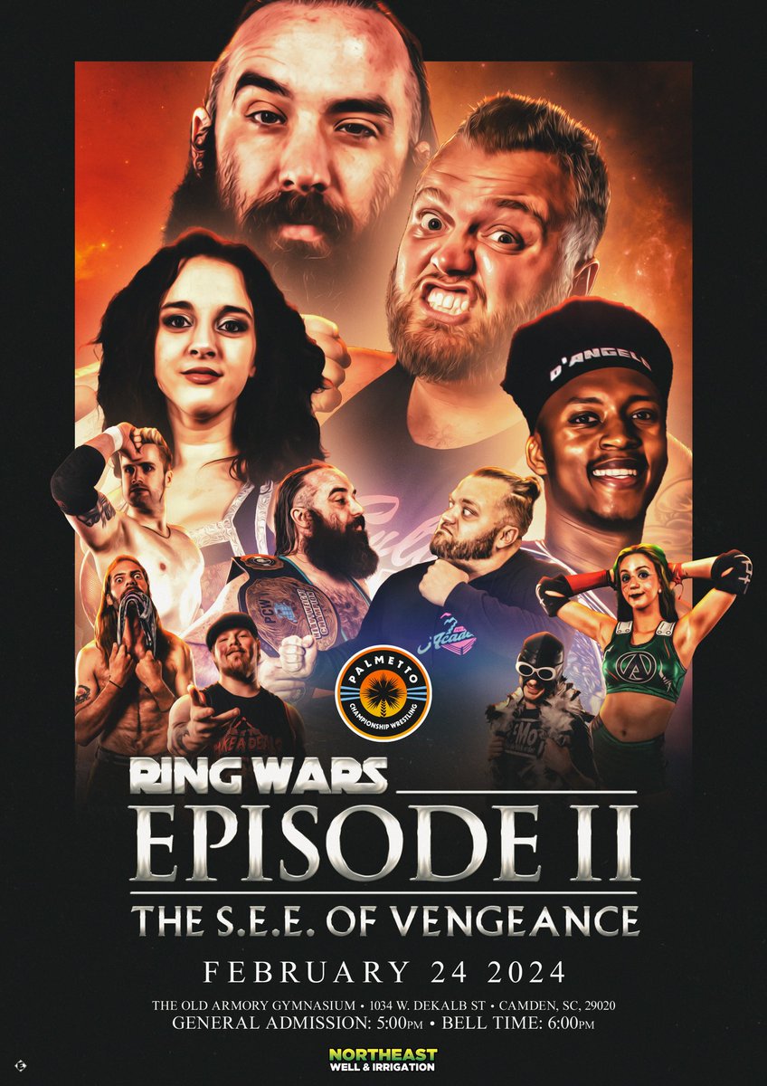 Elliottt93's tweet image. PALMETTO CHAMPIONSHIP WRESTLING: RING WARS II 🚀

The Ring Wars return at @PCW_SC with a second instalment! Don’t miss The S.E.E. Of Vengeance this February!

📍 Old Armory Gymnasium, Camden SC
🗓️ Saturday February 24
