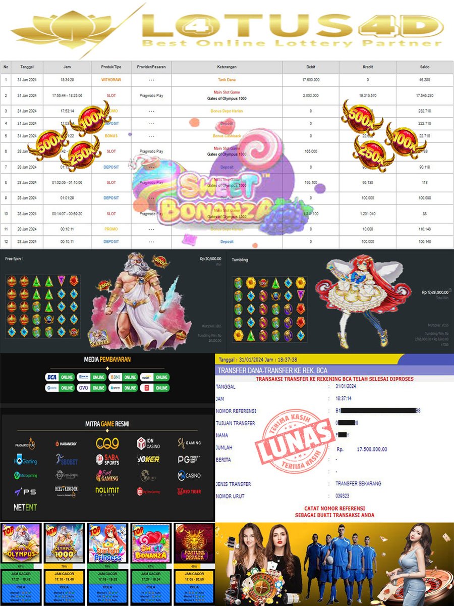 Lotus4d4's tweet photo. SELAMAT KEPADA MEMBER LOTUS 4 YANG JP PAUS !!!
TANGGAL 31-01-2024
USERNAME : PA********8
TOTAL JACKPOT : Rp. 17,491.900-
TOTAL WITHDRAW : Rp.17.500.000,-
Selamat ya bos atas JP Paus nya, Dana sudah Kami Proses dengan Cepat dan Aman..
Untuk Yang Belum JP Jangan Berkecil Hati Boss. https://t.co/Lcj968Owu4