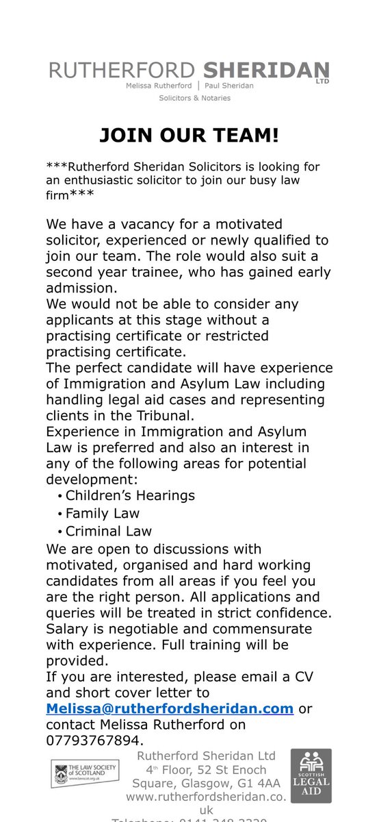 We have an exciting opportunity to recruit a solicitor with immigration experience, there is potential to also practice in the other areas our firm specialise in and there are real career prospects for the right candidate to head up a team  - contact us now