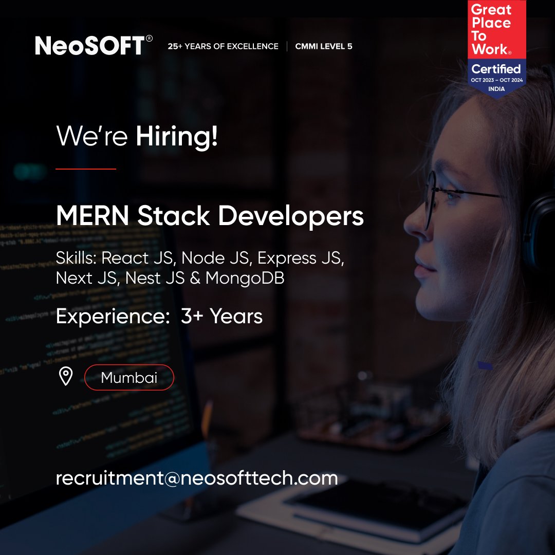 We're hiring #MERNStackDevelopers with 3+ Years of Experience to join our dynamic team! If you're passionate about crafting seamless user experiences or building robust applications for leading brands, apply now, and let's #buildforbillions together!