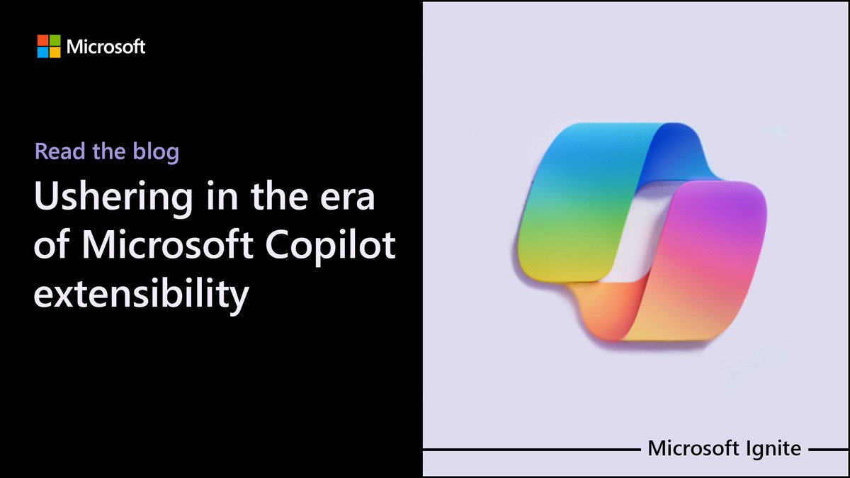msdevUK's tweet image. Expand productivity in your organisation with AI. Microsoft Copilot for Microsoft 365 now supports plugin extensibility, letting you create customised tools to extend Microsoft 365. 
Get details about building and publishing plugins. msft.it/6018imKt0 
#MSIgnite
