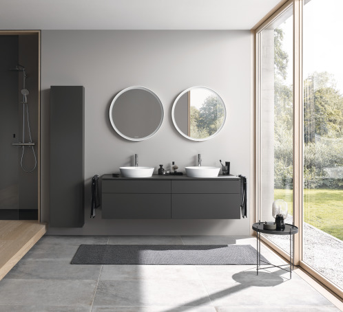 Double Take! Our highly popular L-Cube furniture series just got better, as we add new additions. Console units in a number of sizes and configurations. Shown here in 1600mm with 4 drawers in Graphite Super Matt, the Cape Cod Washbowl and brand new L-Cube round mirrors.